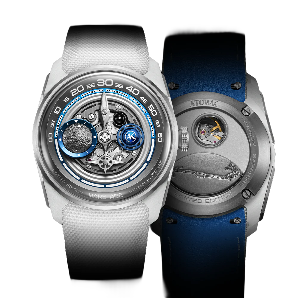 Front and caseback views of the ATOWAK Mars Age Traverse White