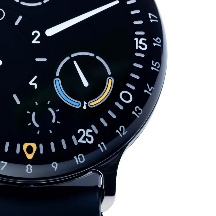 Close detail of the Type 3 black dial and oil temperature indication