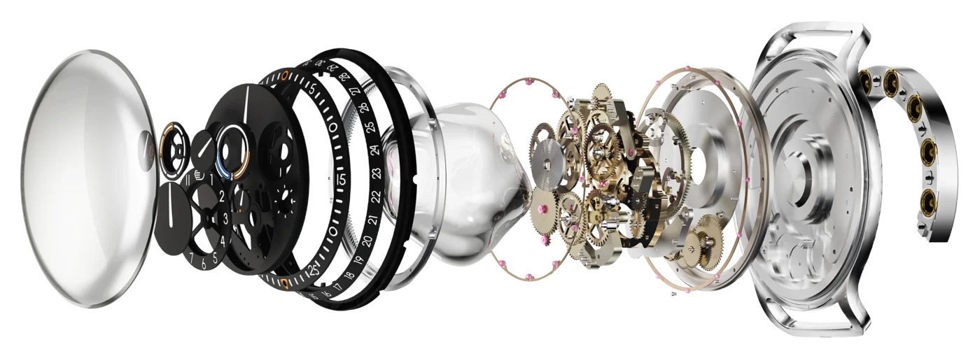 Exploded cutaway of the Ressence Type 3 architecture
