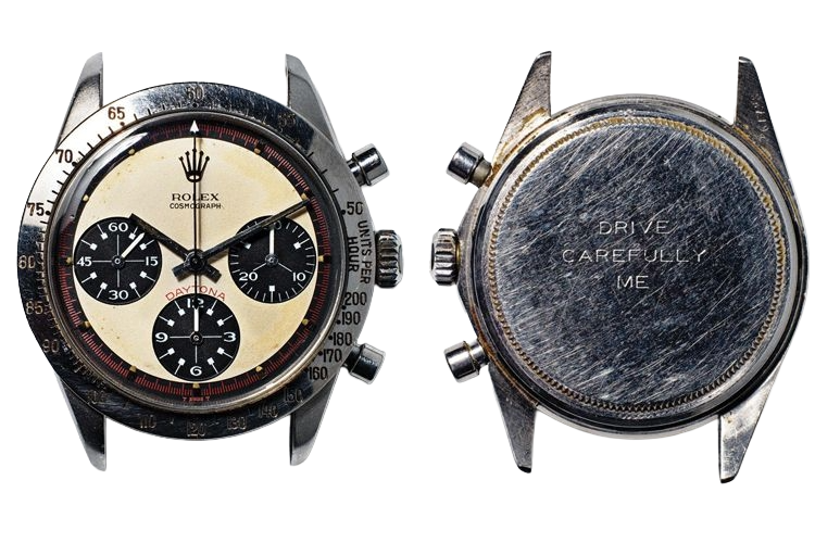 Front and engraved caseback of Paul Newman's Rolex Daytona Ref. 6239