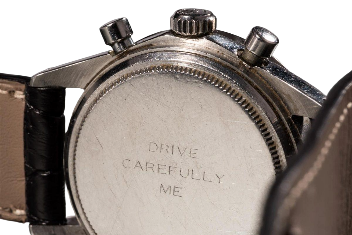 Caseback of Paul Newman's Daytona engraved "DRIVE CAREFULLY ME"